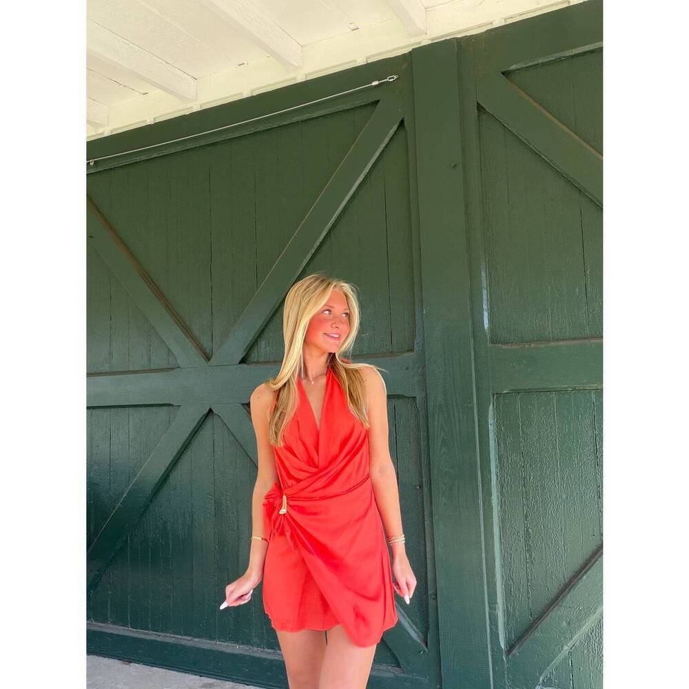 NEW NIA isla wrap mini dress in coral red